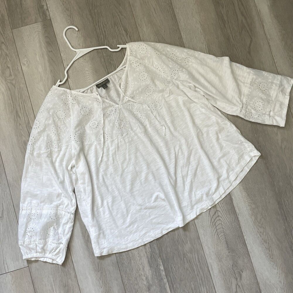 Eyelet Cottagecore Top cotton modal long sleeve womens White (size 1x) peasant